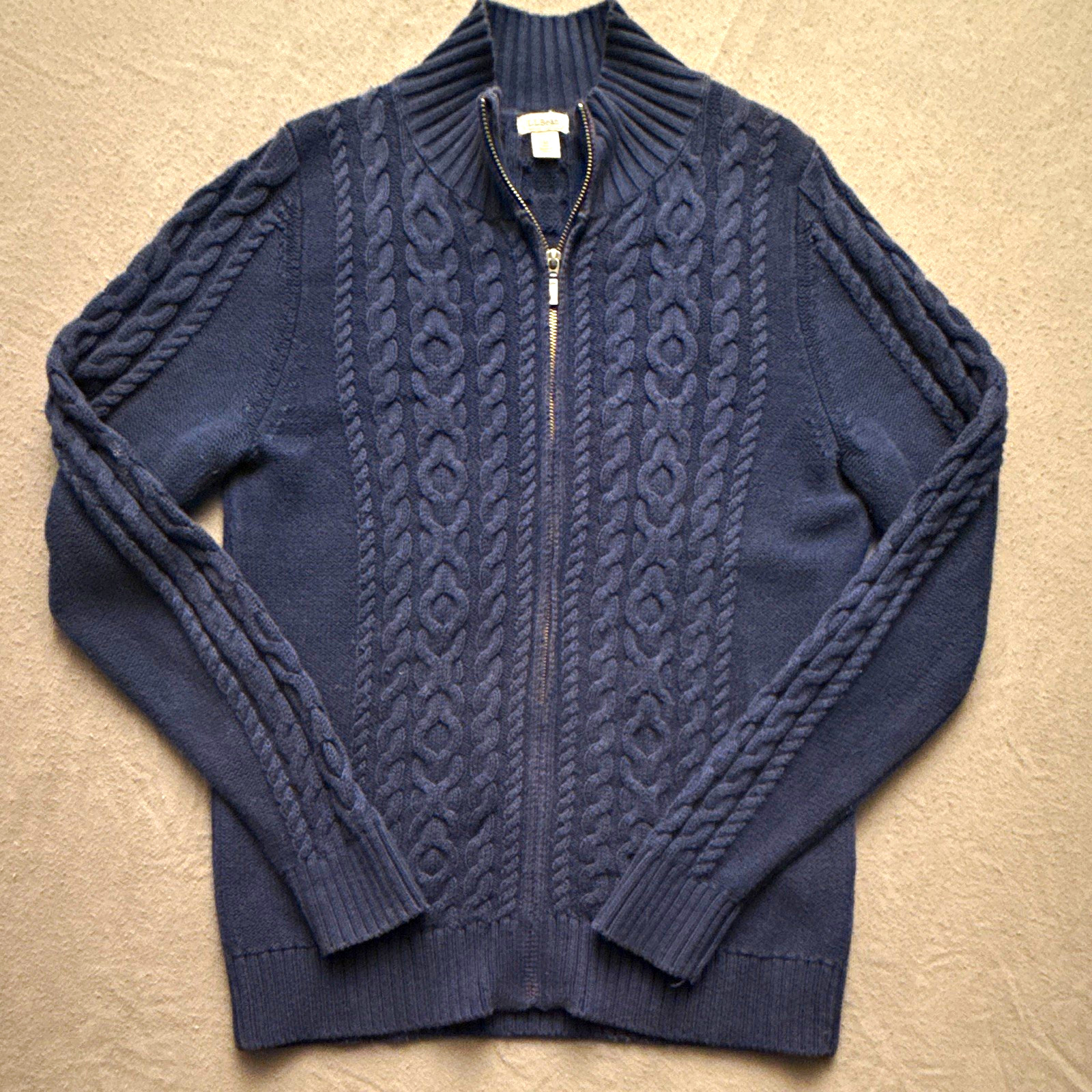 L.L. Bean Men\'s M Cable Knit Full Zip Mock Neck Sweater Navy Blue 100% Cotton L.L. Bean Men\'s M Cable Knit Full Zip Mock Neck Sweater Navy Blue 100% Cotton