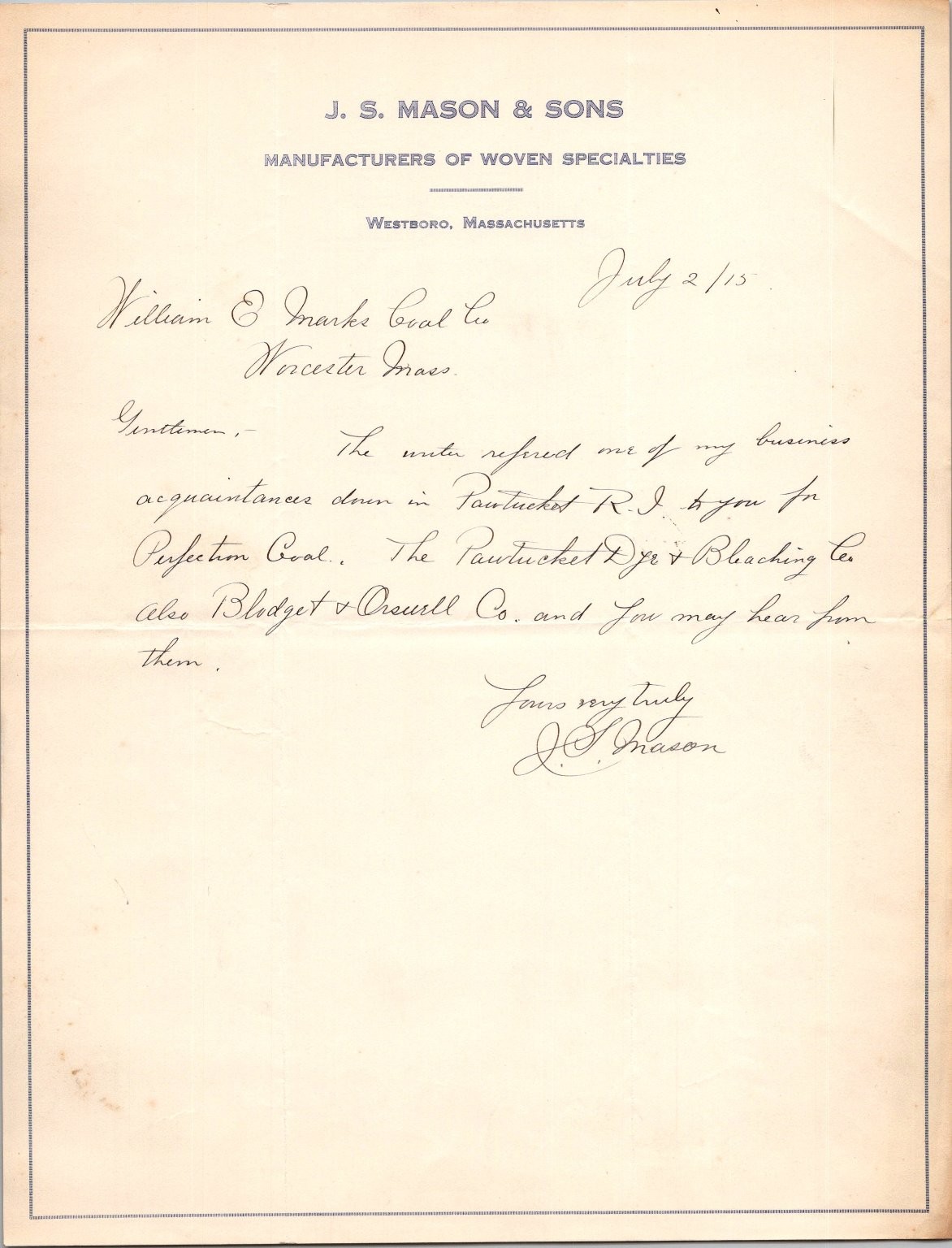 1915 J.S. Mason & Sons Business Letter Westboro Massachusetts Ephemera Signed