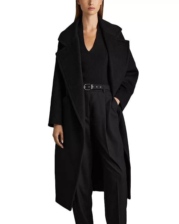 NEW, REISS Bridget Wool-Blend Blindseam Coat in Black Sz 14 #C017