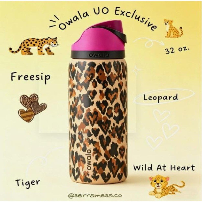 New Owala Wild at Heart 32oz FreeSip Water Bottle Limited Edition Leopard Print