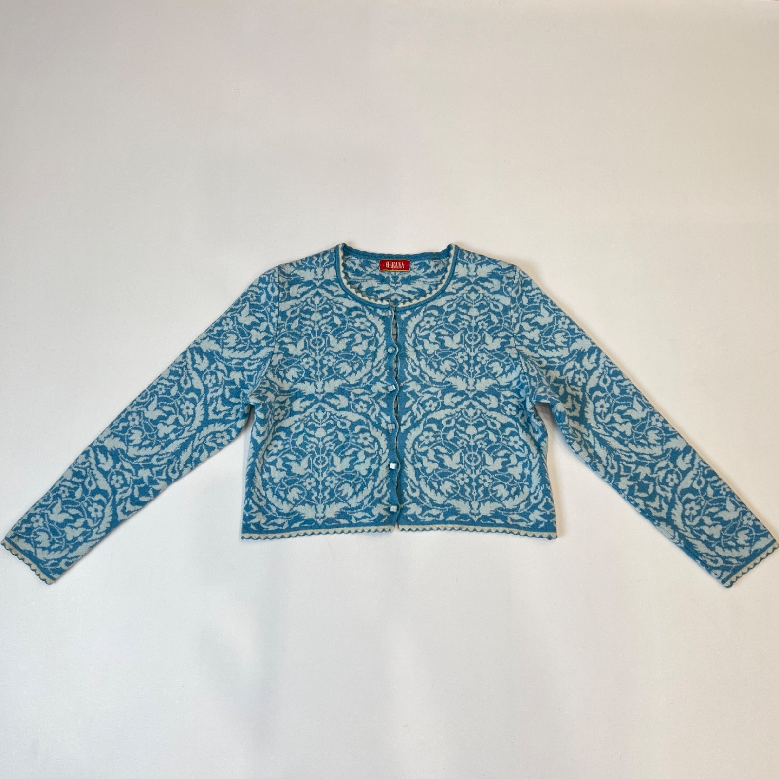 Oleana Espeland 5267 Norway Cardigan M Merino Wool Silk Blue White Nordic Sweate