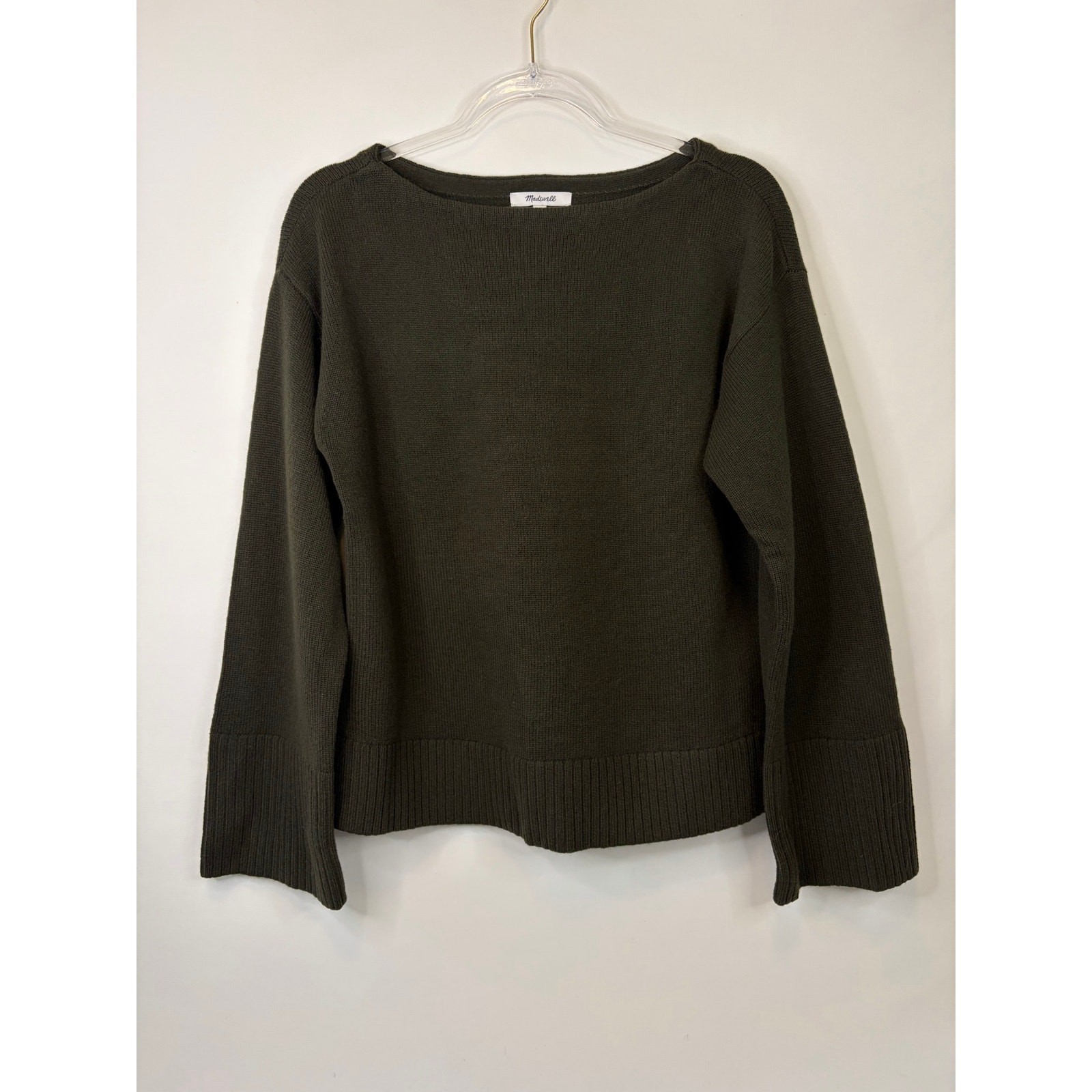 Madewell Wide-Cuff Boatneck Sweater in Merino Wool Midnight Olive Size Small NEW