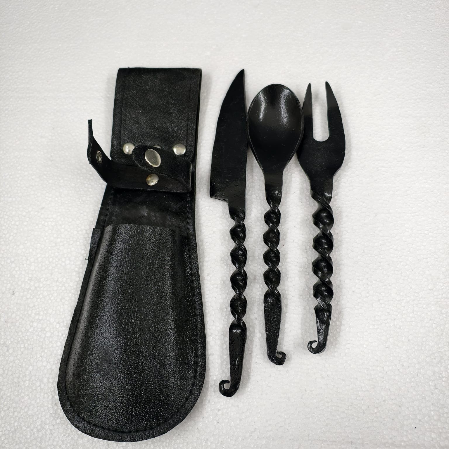 Vintage HandForged Medieval Cutlery Set Iron ,Fork & Spoon W/Black Leather Cover
