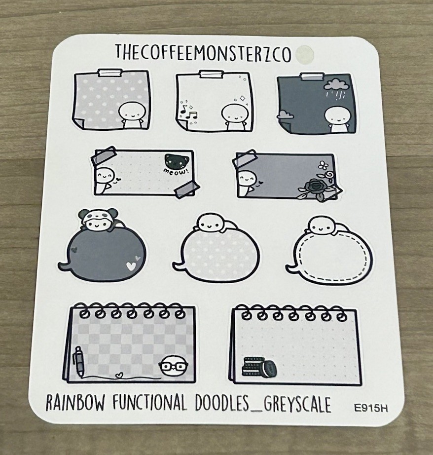TheCoffeeMonsterzCo Rainbow Functional Doodles Greyscale Sticker Sheet TCMC