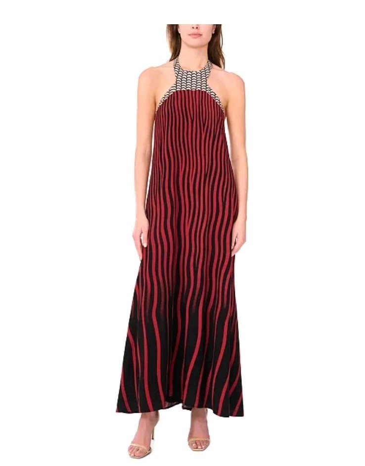 1.STATE Red Black Striped Halter Maxi Dress Sz M Colorblock $99 Cocktail 