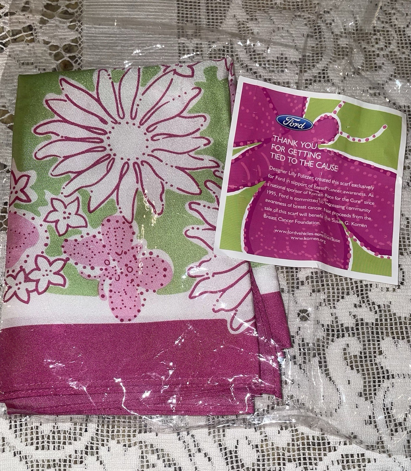 🌸VTG 2004 Lilly Pulitzer Ford Silk Scarf NWT Tied to the Cause Deadstock Rare