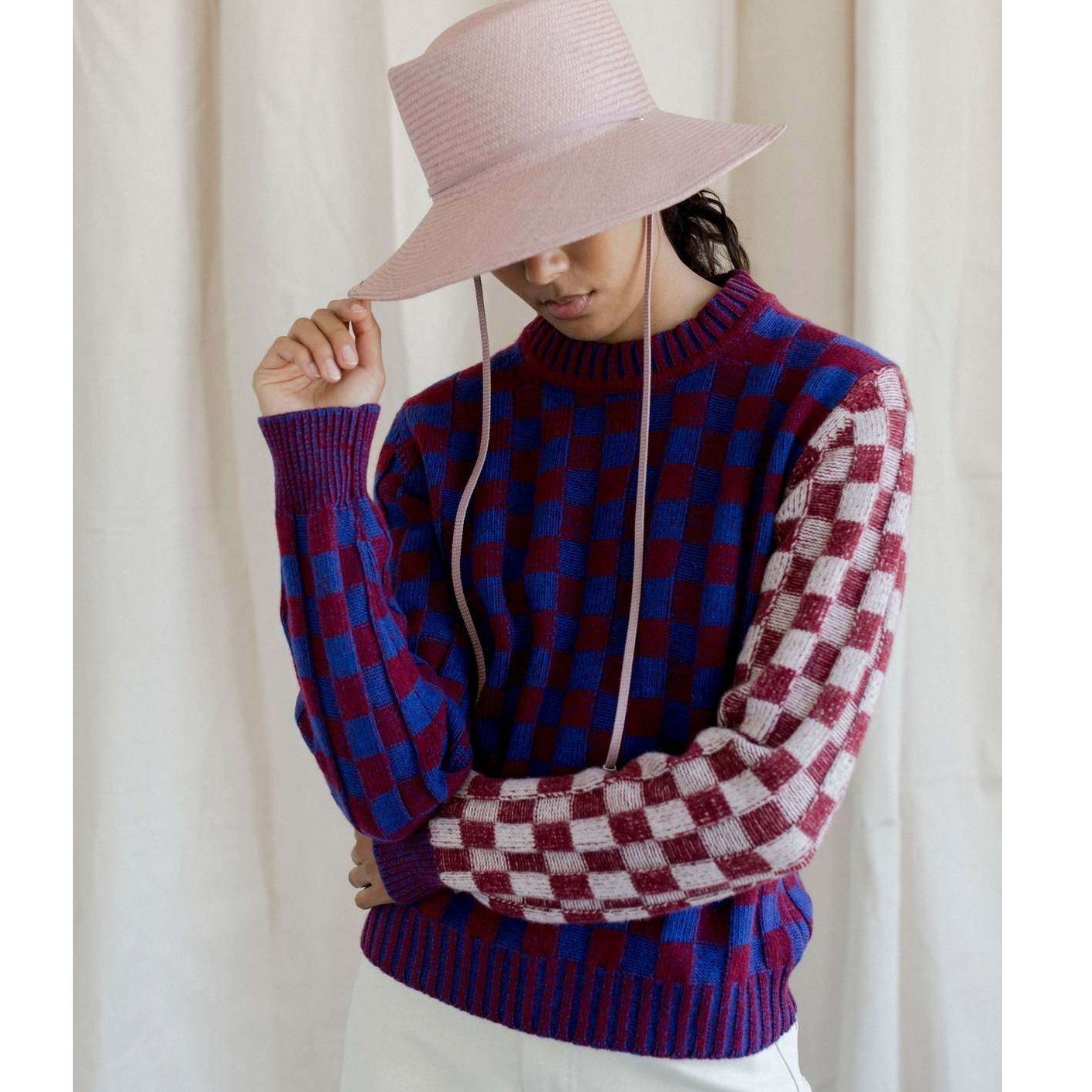 Ganni Graphic Check Pullover Sweater Ribbed Knit Blue Red Wool Colorblock Sz L