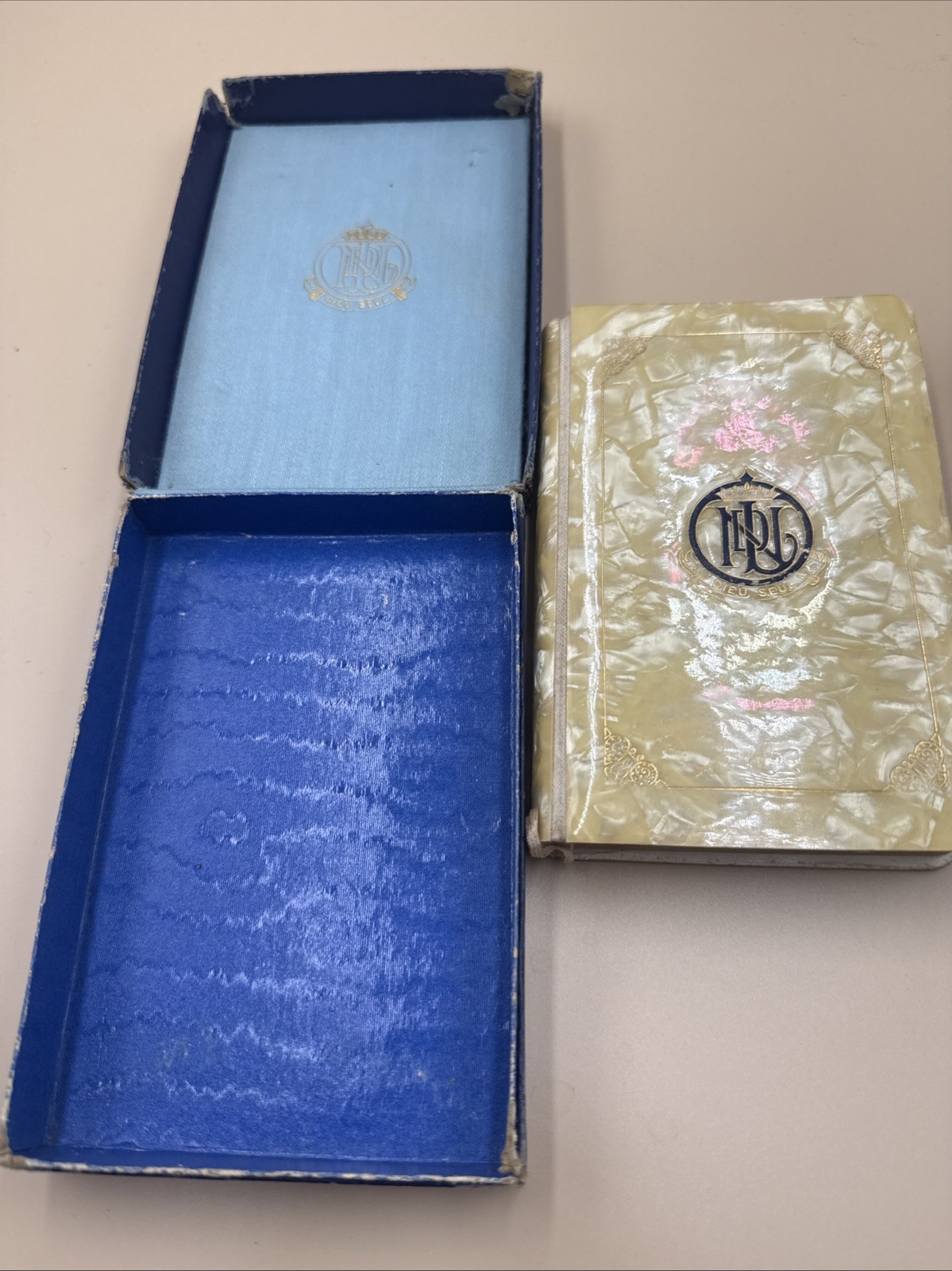 c1930s Flowers of Lourdes Catholic Guide Faux Mother of Pearl Cover Boxed