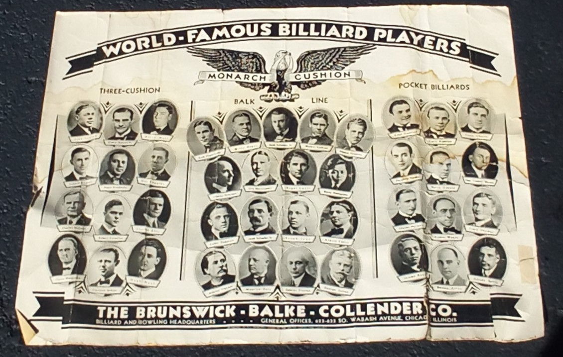 1919/1920 Vintage Brunswick World Famous Billiard Players Poster Original Rare 1919/1920 Vintage Brunswick World Famous Billiard Players Poster Original Rare