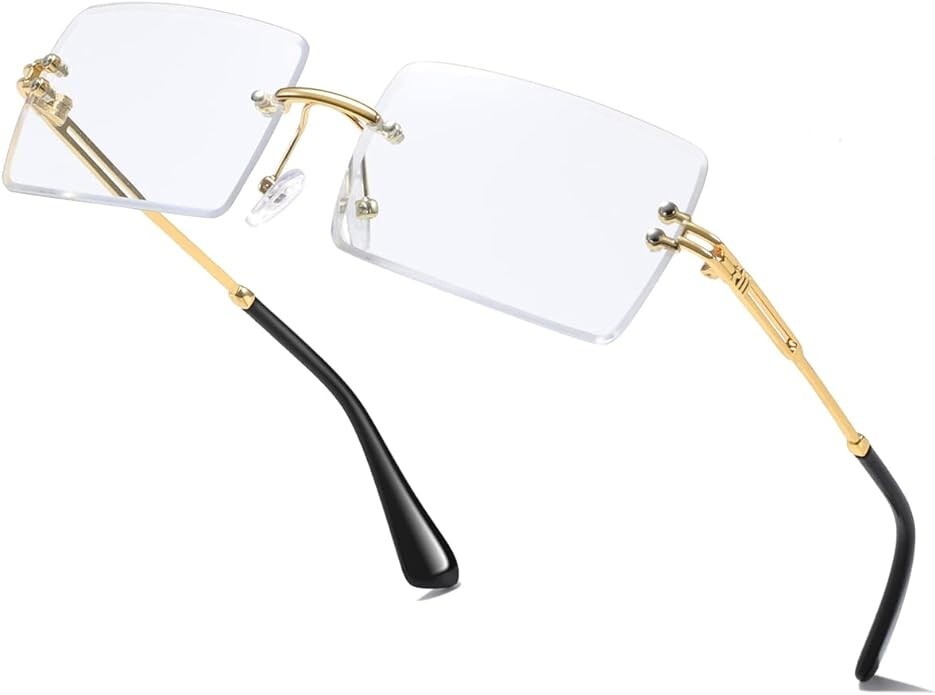Men\'s Rimless Vintage Retro Rectangle Gold CLEAR Lens Fashion Hip Hop Glasses