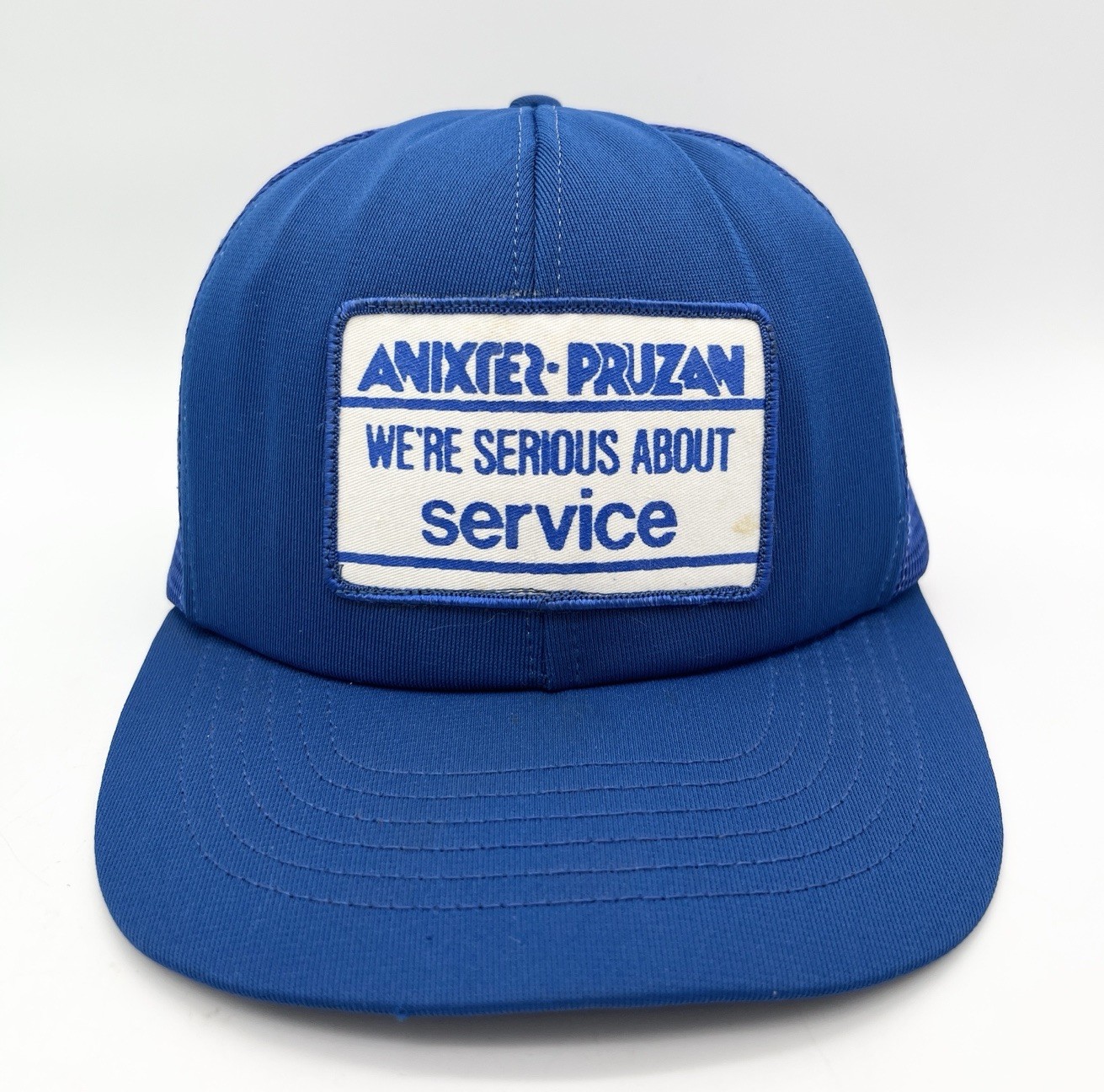 Vintage 80s Anixter Pruzan Trucker Hat Blue Mesh Snapback Service Promo Cap USA