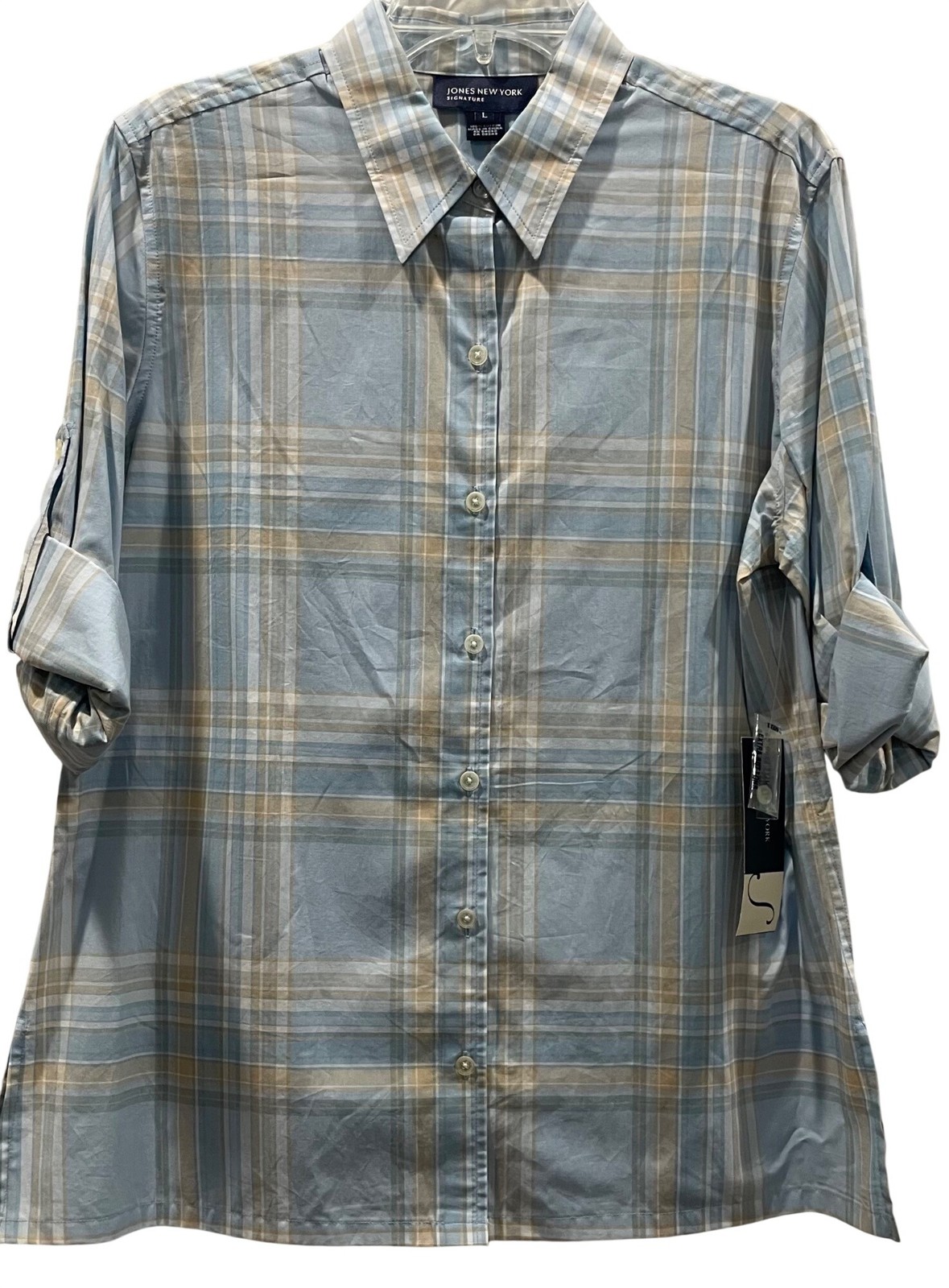 Jones New York Signature Plaid Cotton Roll Tab Button Shirt L Blue Coastal New