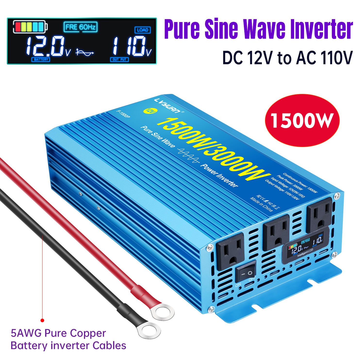 1500W 2000W 3000W 12V/24V to 110V Pure Sine Wave Power Inverter Converter 3AC