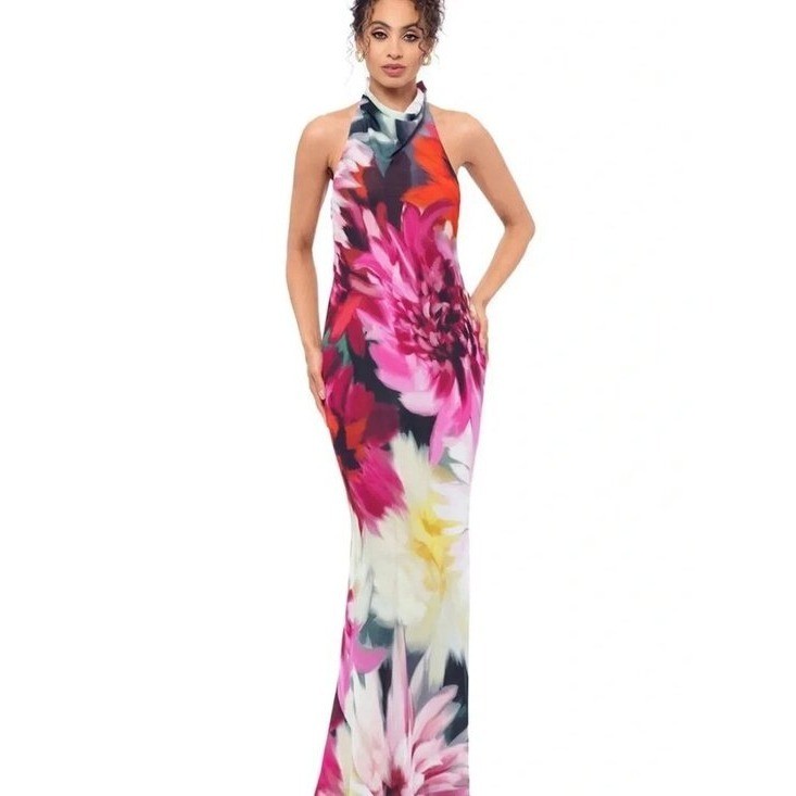 Betsy & Adam Multi Halter Floral Chiffon Tie Back Maxi Dress size 12