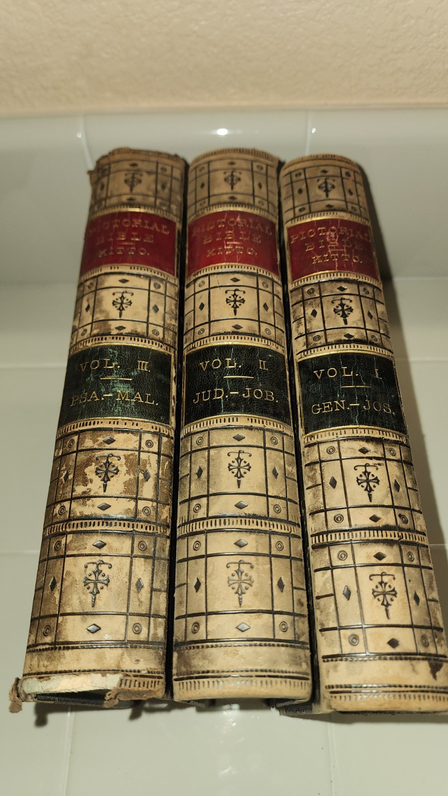 Antique 1869 Pictorial Bible John Kitto 3 Vol Leather Set.  Rare Presentation.