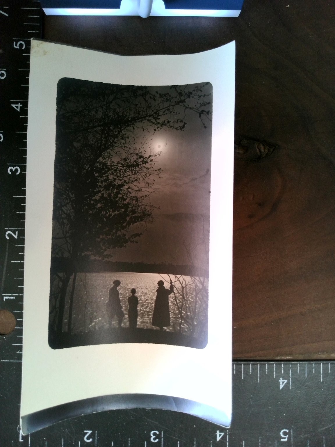 Moonlit Landscape Silhouetted Figures Antique Photograph Curved Mount