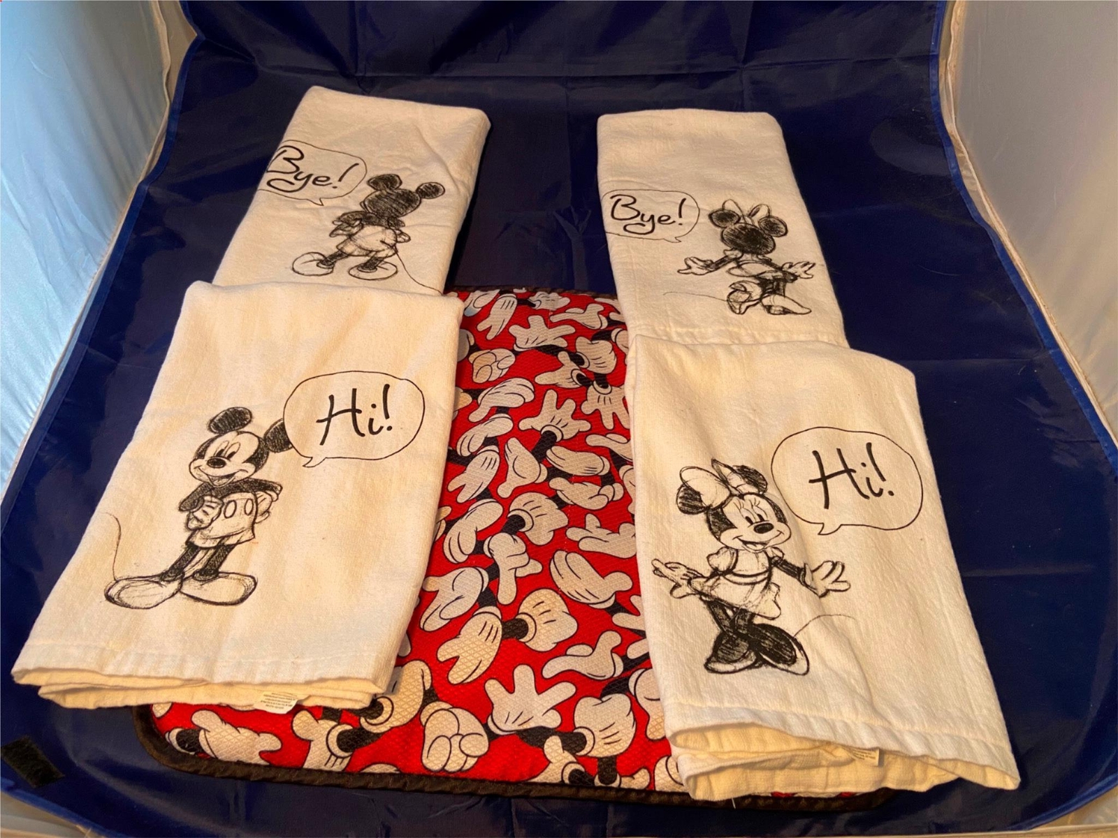 Disney Mickey & Minnie Mouse Hi Bye 4 Kitchen Dish Towels Hand & Drying Mat Set