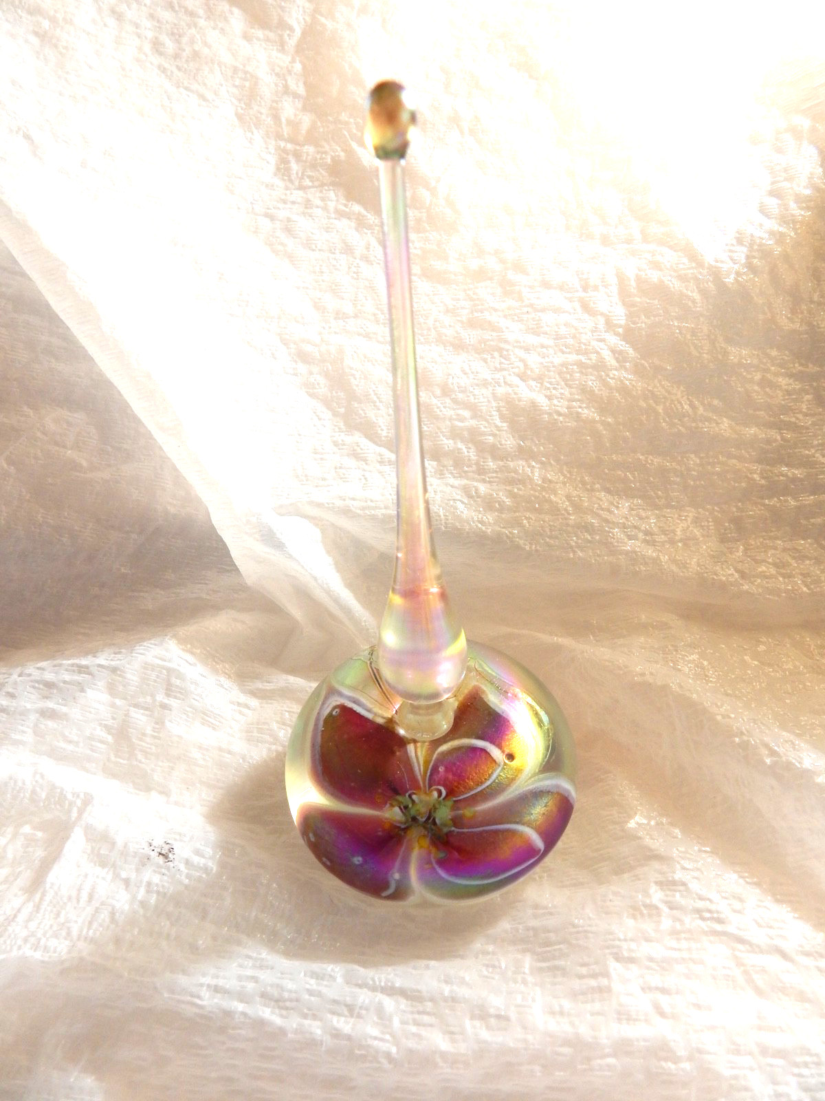 Iridescent Vintage American Hand Blown art glass Signed perfume bottle w stopper