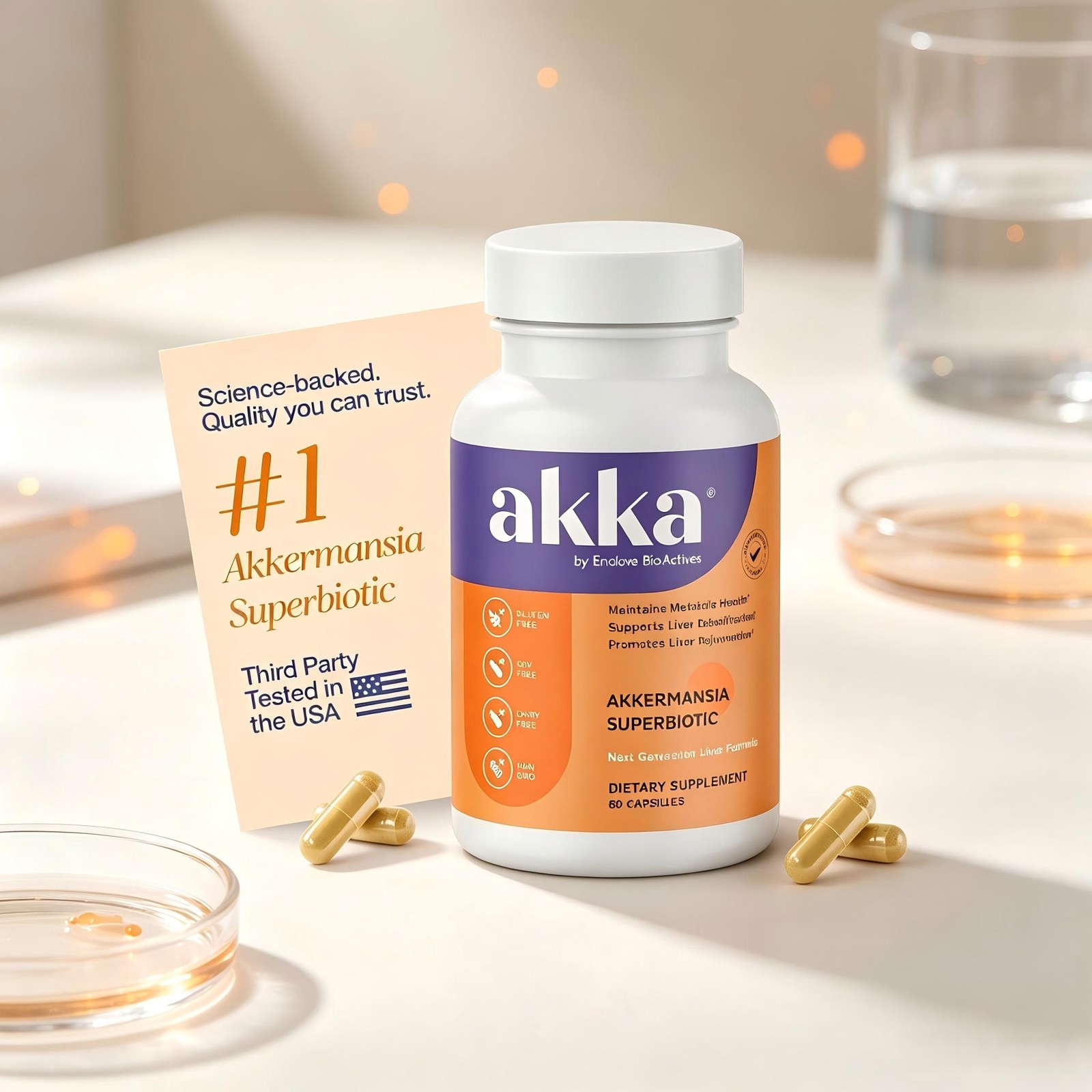 AKKA Akkermansia Probiotic, Liver Cleanse, Detox & Repair, Non-GMO, 60 Caps