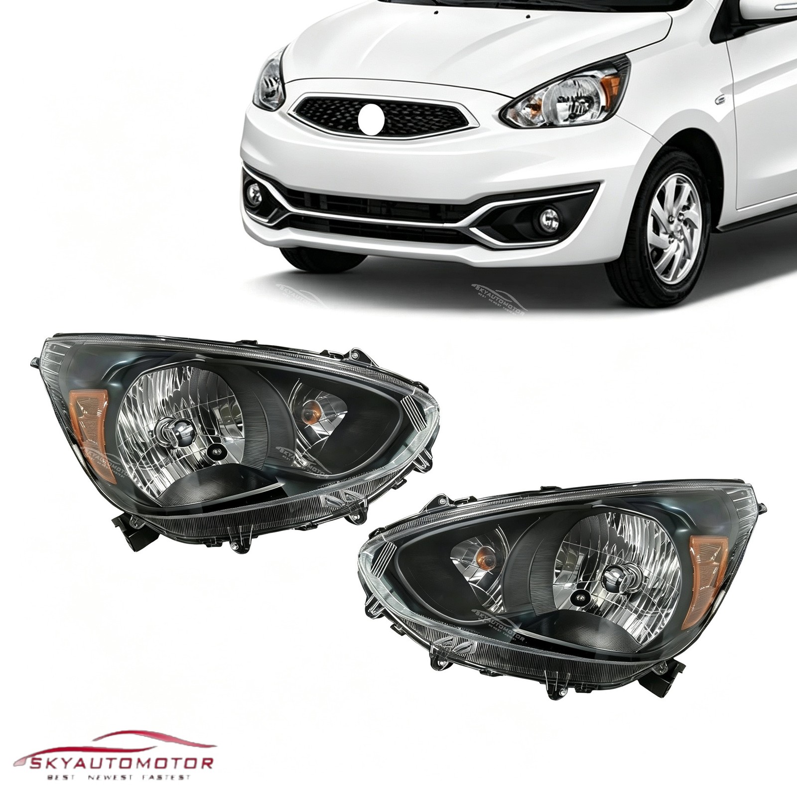 Fits 2014-2020 Mitsubishi Mirage Hatchback Black Housing Headlight Lamp Set Pair