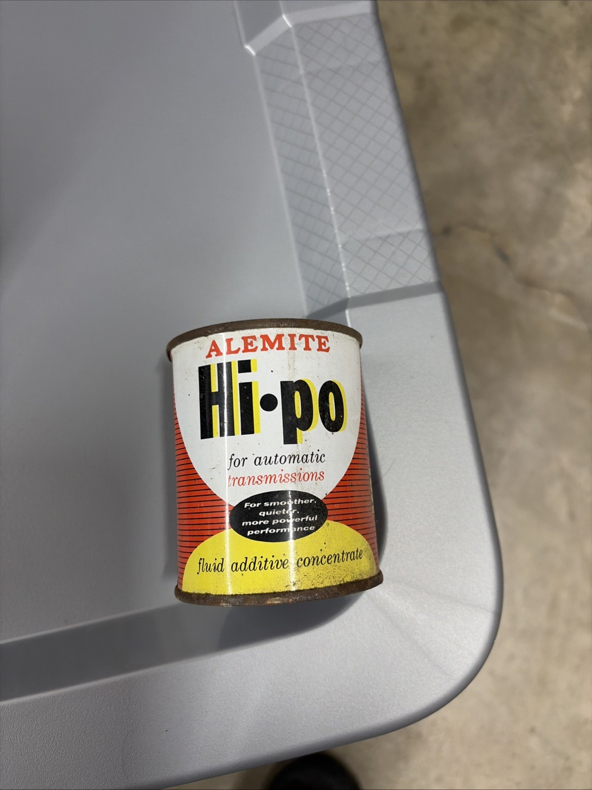 VINTAGE RARE ALEMITE TRANSMISSION ADDITIVE “HI-PO” RACING STEEL OIL CAN FULL