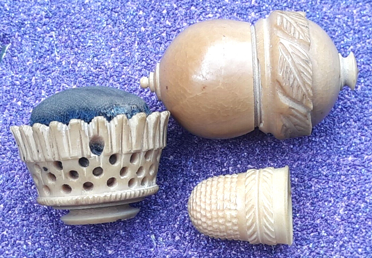 Antique Acorn Carved Coquilla Nut Thimble Holder,  Carved Thimble & Pin Cushion