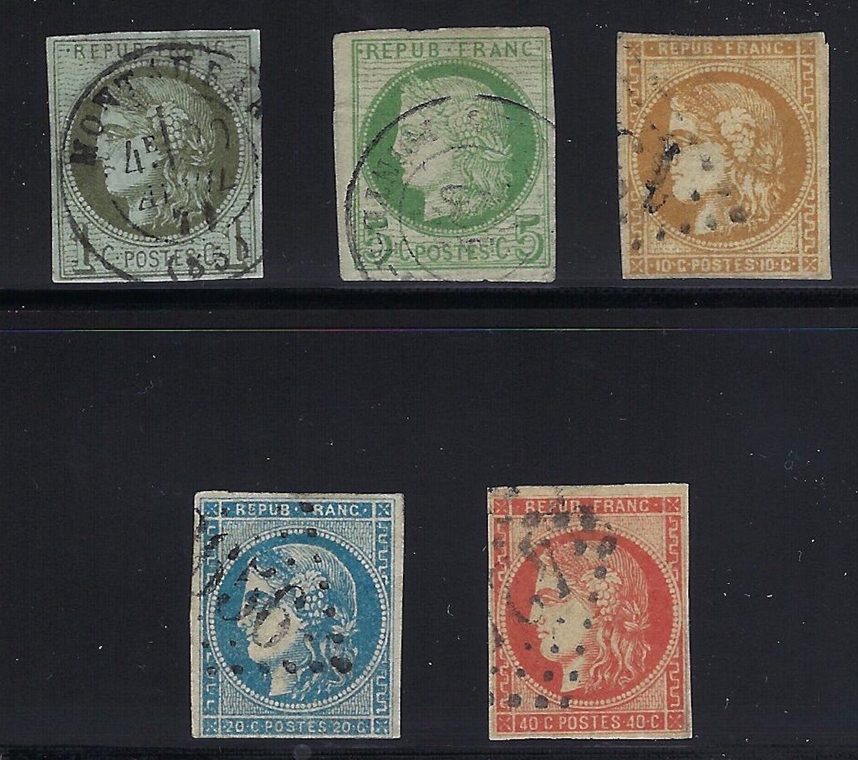France, 1870-1871, 5 Stamps Between Scott #38 and #47, Used France, 1870-1871, 5 Stamps Between Scott #38 and #47, Used