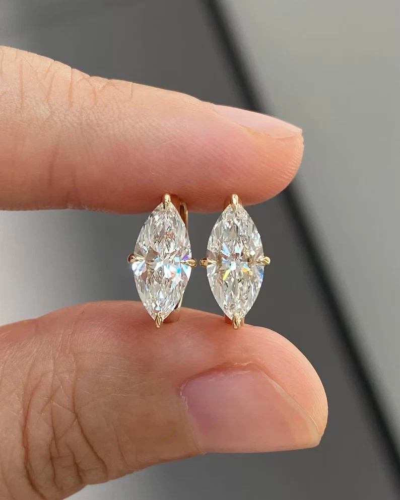 4 Ct IGI Marquise EF/VS1 Lab Grown Diamond Bridal Hoop Earrings 14K Yellow Gold