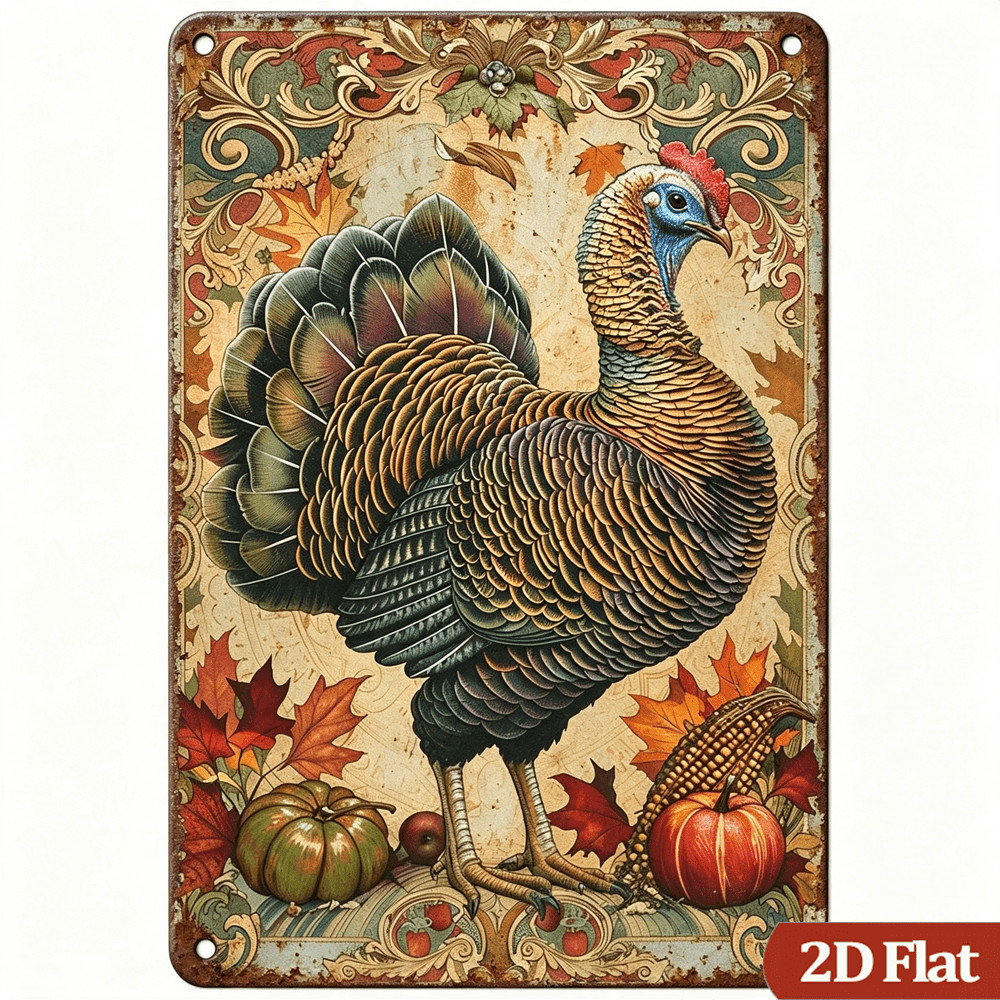 Vintage Metal Sign Thanksgiving Turkey Autumn Harvest Rustic Tin Wall Sign Decor
