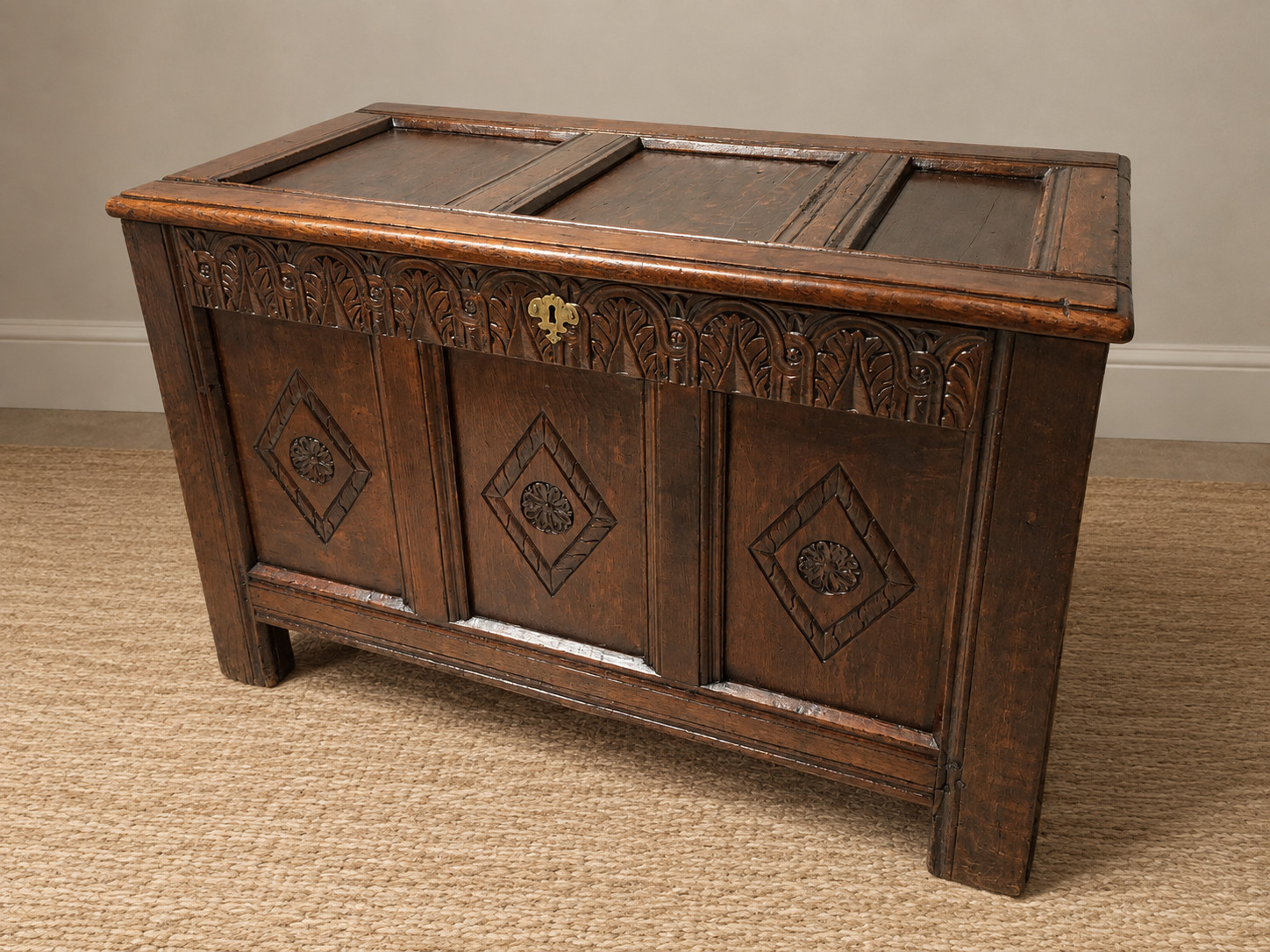 Antique Wood Coffer / Chest – Elaborately Carved 17th Century Design