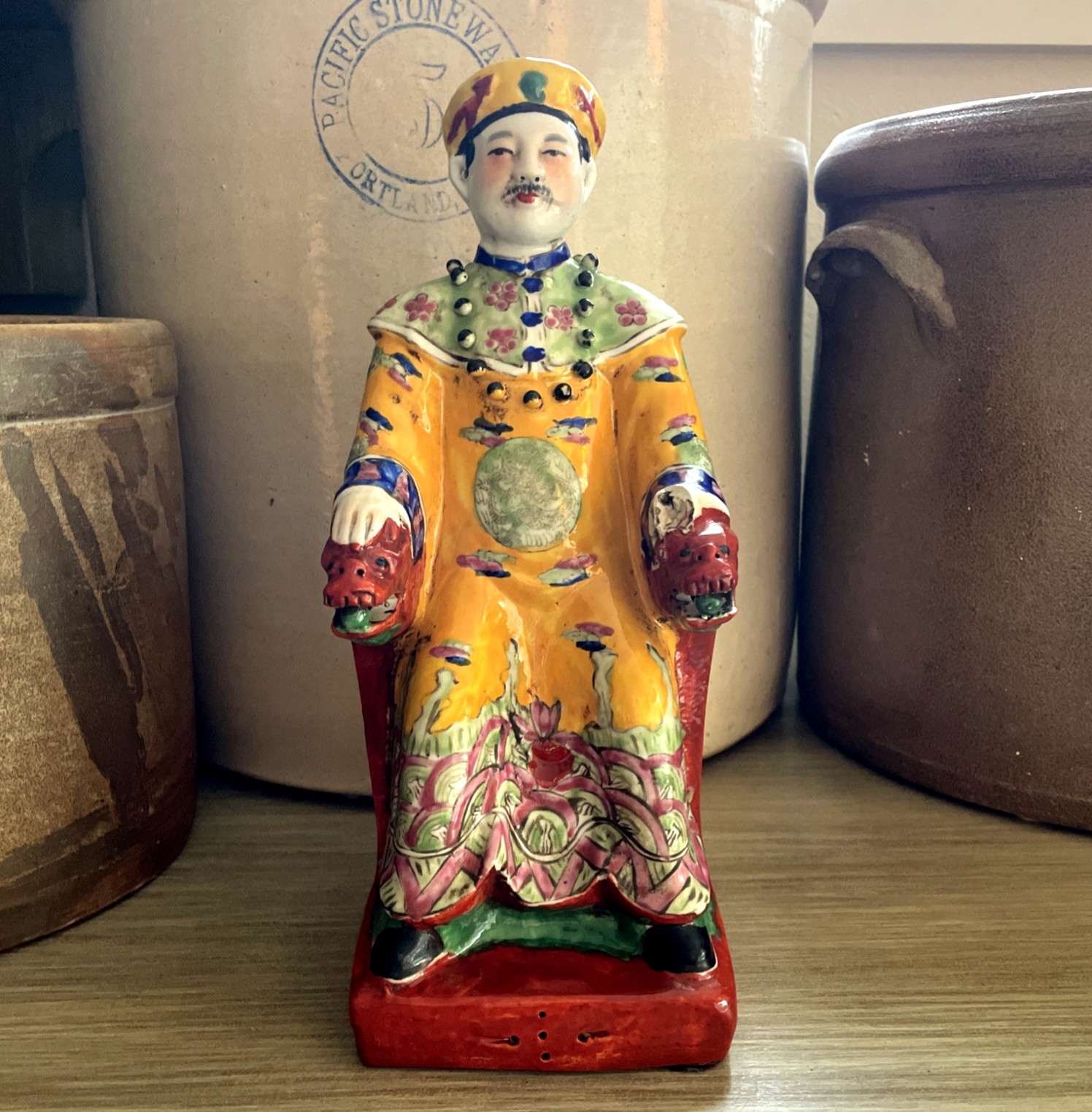 VTG Chinese Porcelain Seated Emperor Statue Figurine Yellow Robe Qing Throne
