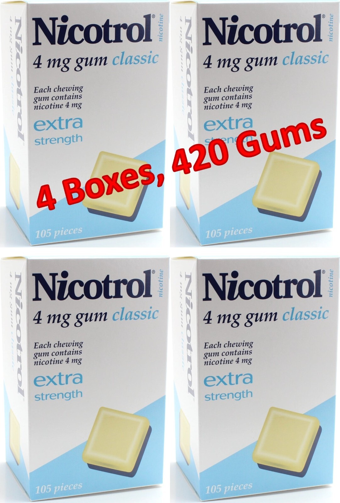 Nicotrol Nicotine Gum 4mg Classic. 4 Boxes of 105 Gums. Total 420. Exp 04/2028
