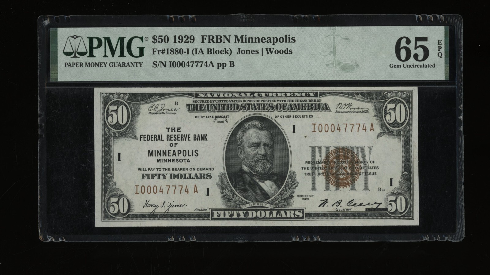 DBR 1929 $50 FRBN Minneapolis Gem Fr. 1880-I PMG 65 EPQ Serial I00047774A