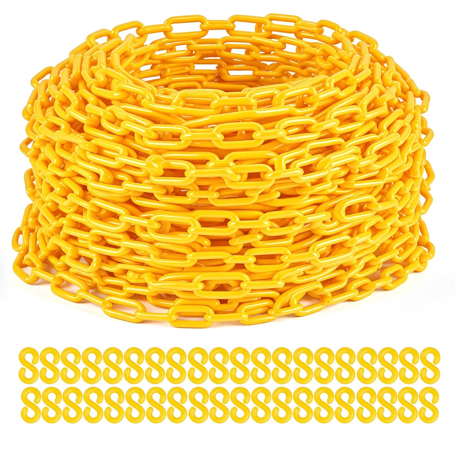 200Ft Yellow Plastic Chain Links, Heavy-Duty Safety Barrier with 40 S-Hooks