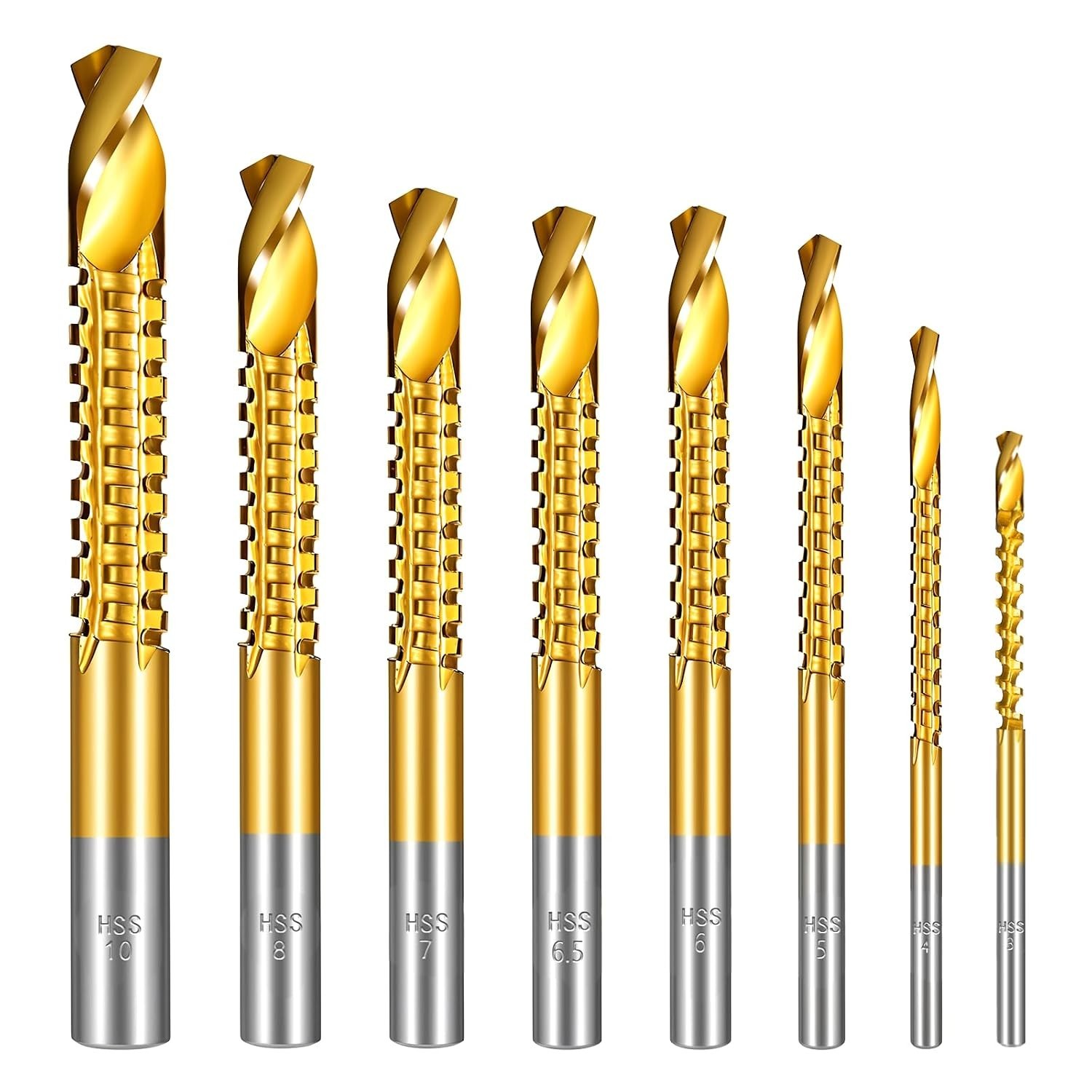 8 Pack Titanium Coated Hss Twist Drill Bits, 3-10mm Serrated Side Cutting Drill