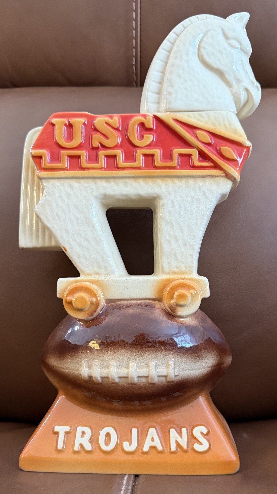 VINTAGE 1974 EZRA BROOKS USC TROJANS FOOTBALL CERAMIC DECANTER