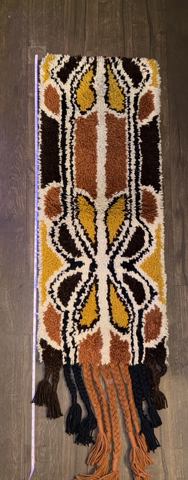 Vintage 70s MCM Fiber Art Wall Hanging Latch Hook Butterfly? Tassels Retro Vintage 70s MCM Fiber Art Wall Hanging Latch Hook Butterfly? Tassels Retro