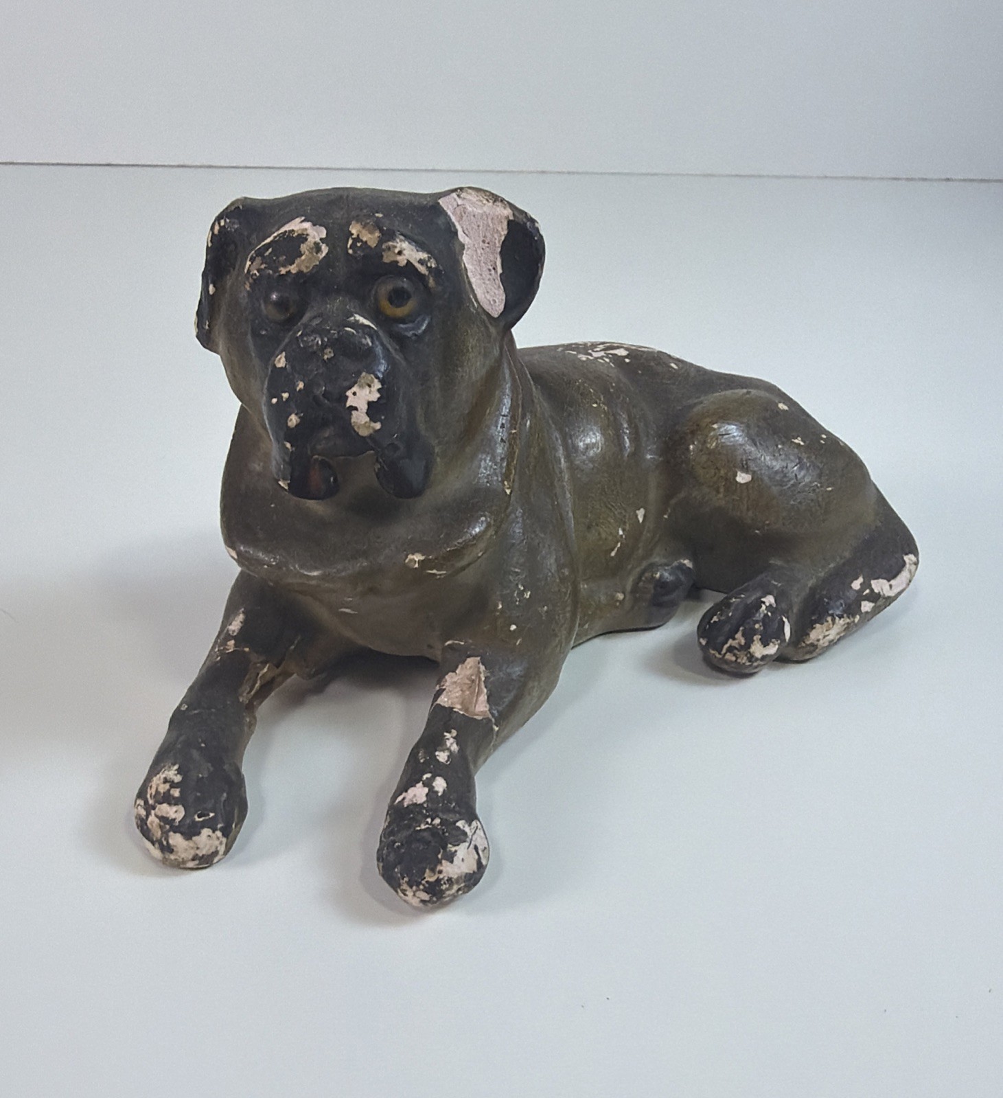 ANTIQUE / VINTAGE 1882? CHALKWARE BULL MASTIFF DOG W/ GLASS EYES