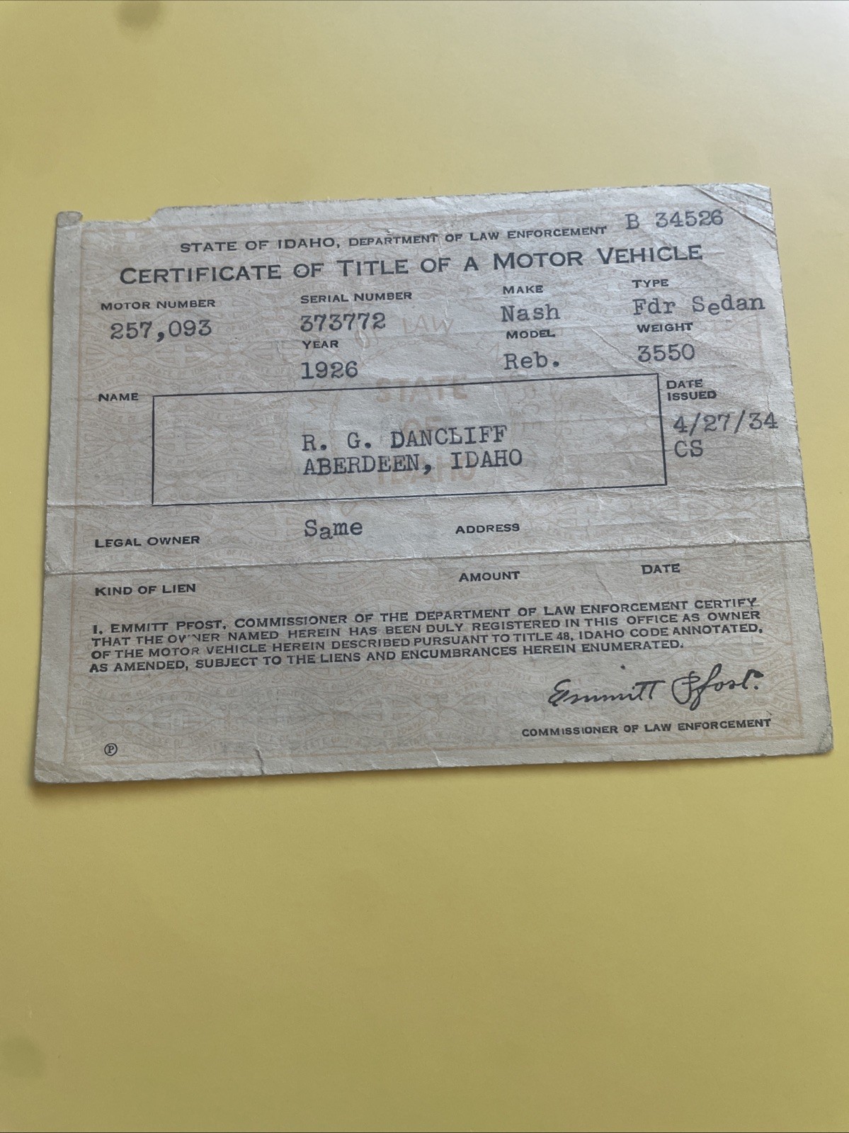 Certificate Of Title 1926 Nash FDR Sedan Reb (#6) Certificate Of Title 1926 Nash FDR Sedan Reb (#6)