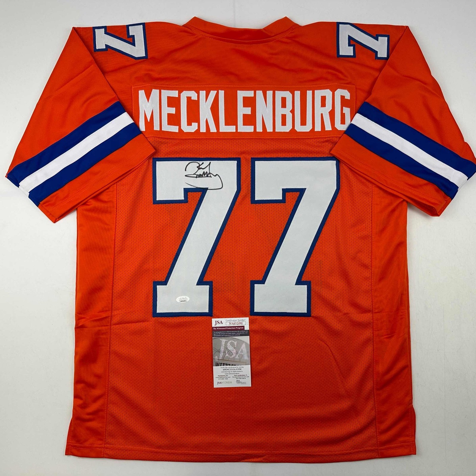 Autographed/Signed Karl Mecklenburg Denver Orange Football Jersey JSA COA Autographed/Signed Karl Mecklenburg Denver Orange Football Jersey JSA COA