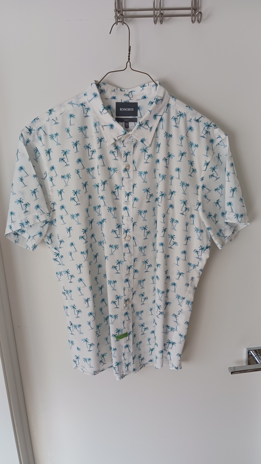 Bonobos men\'s button-up short sleeve shirt w/blue palm trees, XXL SLIM FIT Bonobos men\'s button-up short sleeve shirt w/blue palm trees, XXL SLIM FIT
