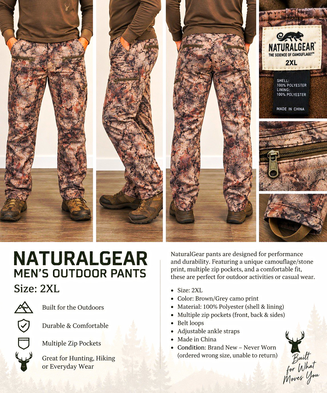 NaturalGear Men’s 2XL Regular Camo Pants Zip Pockets Water Resistant Polyester