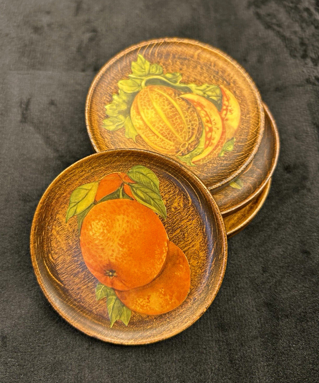 Vtg 1970s Decoupage Round Wood Fruit Themed Prints 3” Drink Coasters Set of 5 