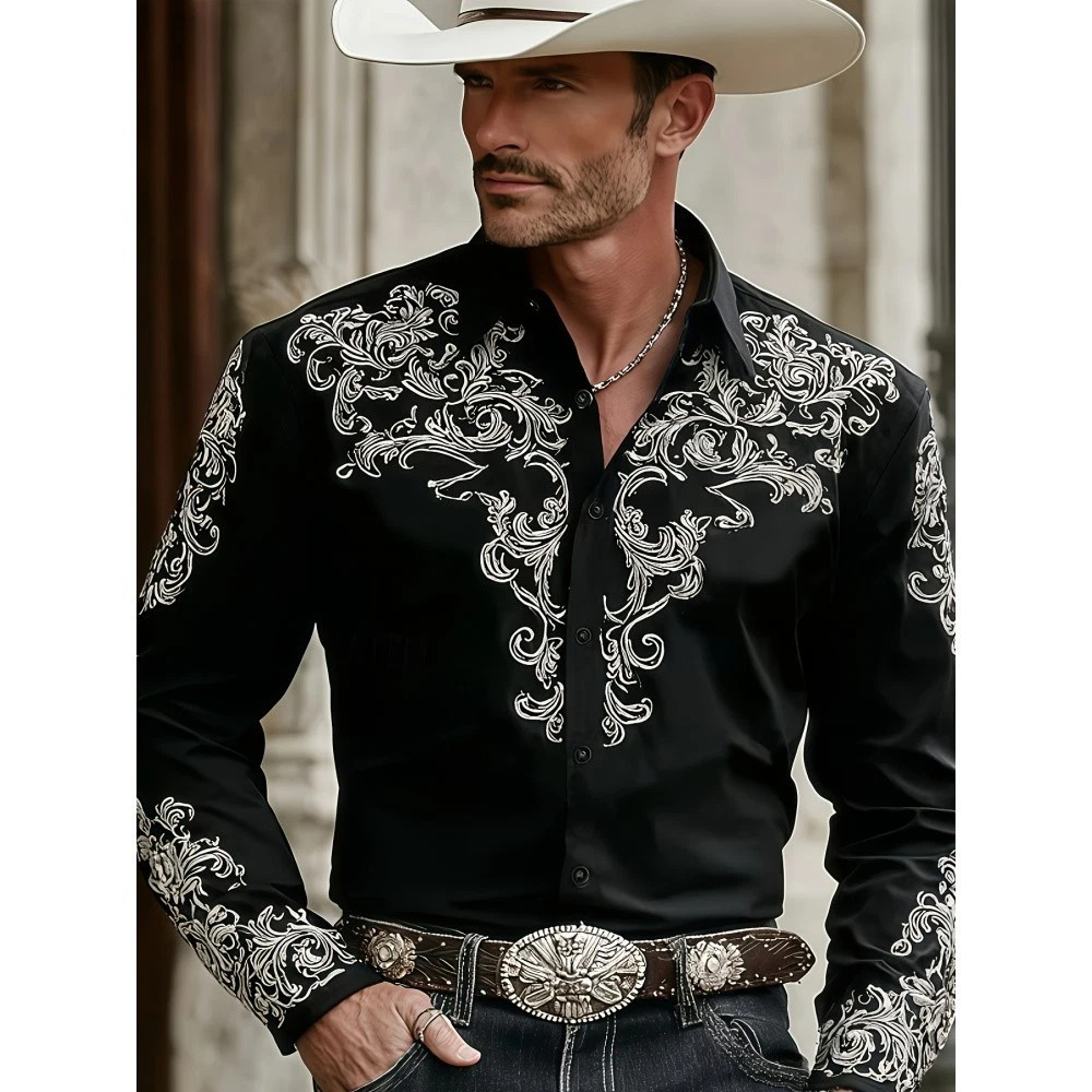 Men\'s Western Cowboy Shirt Long Sleeve Retro Printing Casual Buttons Down Shirt