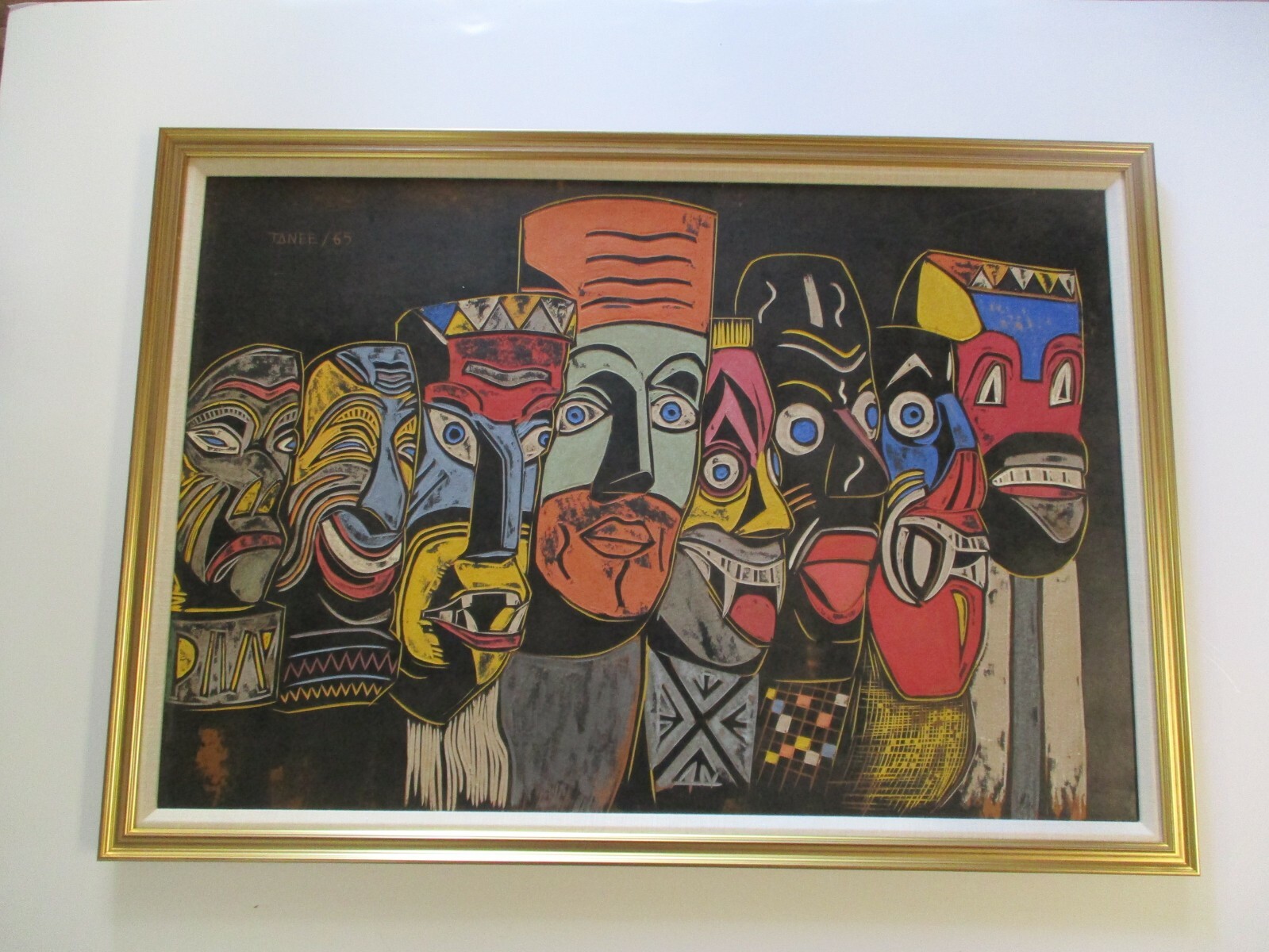 LARGE MID CENTURY MODERN PAINTING CARVING SCULPTURE HEADS TRIBAL MASKS HEADS