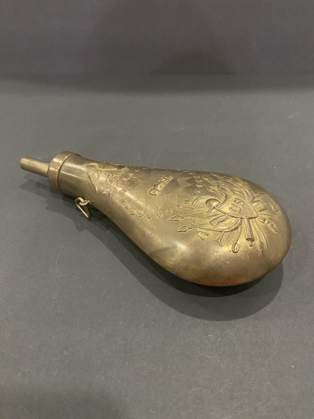Vtg US Military Black Powder Flask Peace Eagle Handshake Shield Civil War Repro