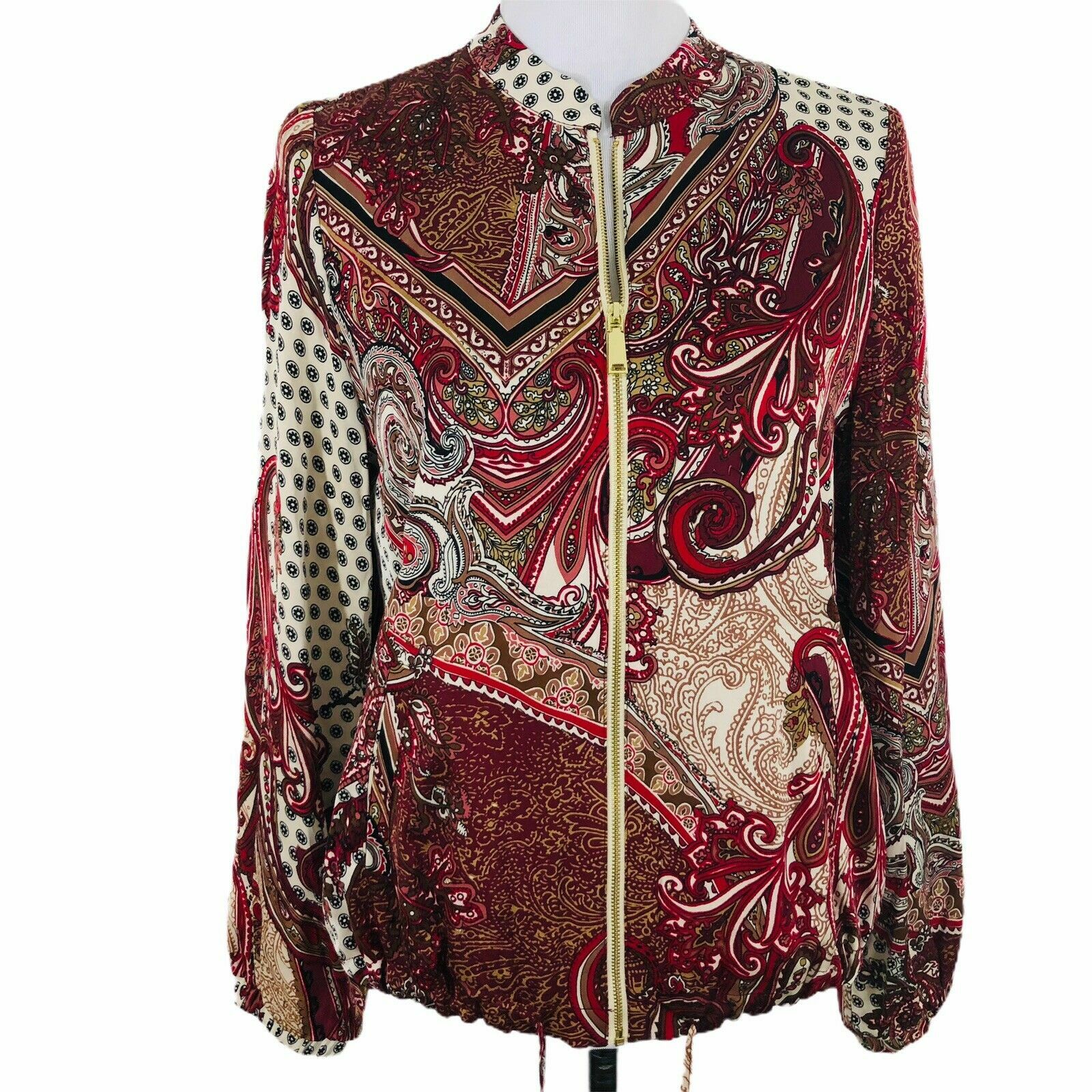 Chicos 0 Jacket Womens Size S Paisley All Over Print Zip Up Red Brown Bohemian