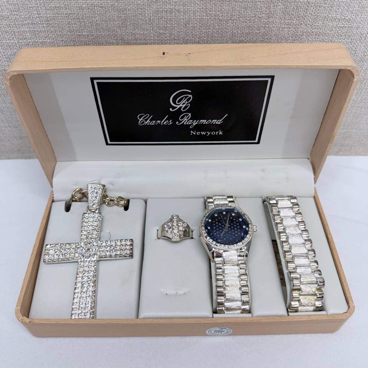 Charles Raymond New York Iced Out Watch Cross Necklace Ring Bracelet Set Silver