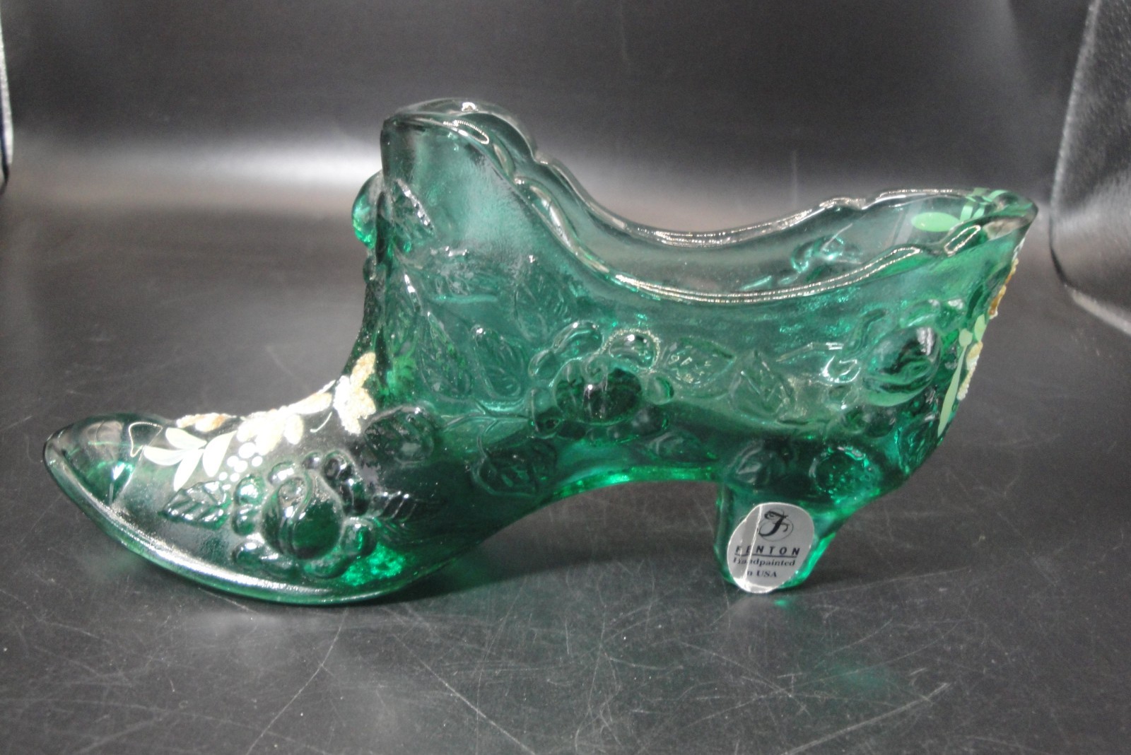 Vintage Dark Green Glass Fenton Hand Painted Artist Signed K.Easton Slipper-Mint