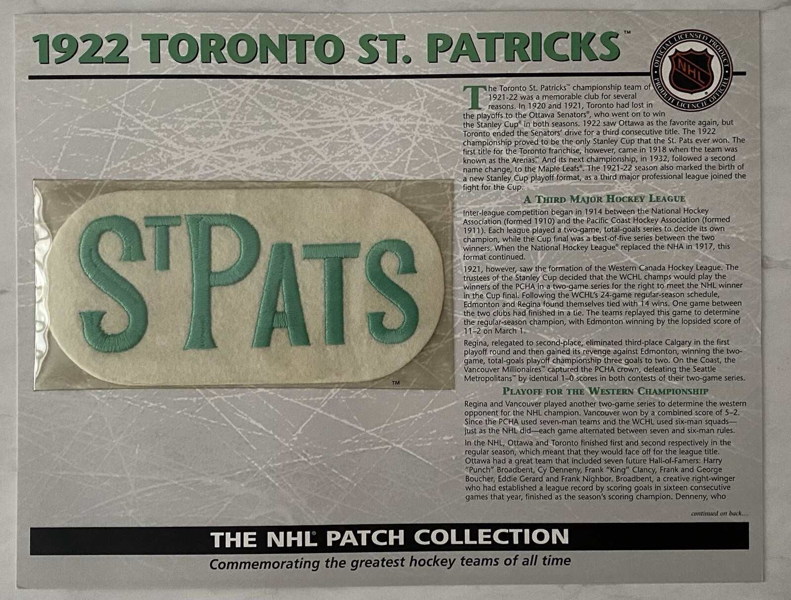 1922 Toronto St Patricks St Pats NHL Hockey Willabee & Ward Patch w Card 1922 Toronto St Patricks St Pats NHL Hockey Willabee & Ward Patch w Card